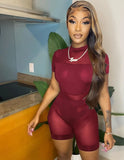 Sexy See Through Mesh Short Sleeve Crop Top 2 Piece Short