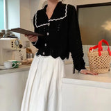 Women Single Breasted Students Chic Basic Long Sleeve Patchwork Design All-match Spring Femme Knitted Cropped