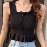 2023 Y2K Buttons Cute Women Cropped T-shirt New Streetwear Stripe Sexy Summer OFF White Ruffles Sleeveless