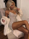 Women Sexy Slit Evening Party Glitter Long Dress Silver Deep V-neck Spaghetti Strap High Split Dresses with Sequins-Outfit