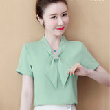 Summer Bow Loose Solid Women Blouses and Tops Solid Bottom Shirts Elegant Fashion Short Sleeve Chiffon Women Shirts