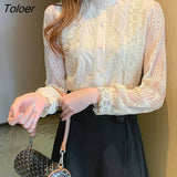 Sleeve Women Shirt Stand Collar Flower Embroidery Blouse Women Elegant Fashion Button Lace Shirts Female Loose Blusas
