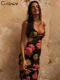 Women's Flower Printed Elegant Maxi Dress Sexy Spaghetti Lady Long Dresses Backless Black Mesh Patchwork Party Robe-Outfit