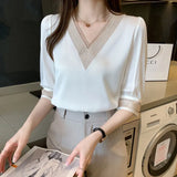 Hollow Out Blouse Women New 2021 Middle Sleeve White Shirts Chiffon Fashion V Neck Splicing Top Female Blusas Mujer