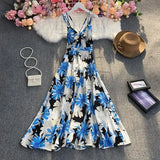 New Summer Fashion V-neck sleeveless off shoulder Dress high waist pleated waist print mid-length A-line