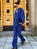 Office Satin Blue Pantsuits Long Shirt And Pants 2 Piece Sets Womens Outfits Casual Wide Legs Pants Suit Female