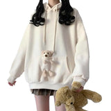 2021 Spring Autumn Women Loose Cute Pocket Bear Toy Hoodie Hooded Sweatshirt College Girls Casual Kawaii Harajuku Pullover