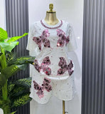 Set European Dress Design Butterfly Set Drill Short Sleeve T-Shirt Blouse Woman + Tight Waist Broad Leg Shorts Two