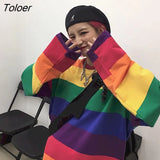 Women's Rainbow Striped T-shirt Long-sleeved Spring Autumn New Style Korean Student Loose Fashion Top Oversize Kawaii