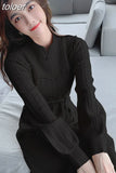 Dresses for Women Party Long Sleeve Midi Patchwork Knitted Sweater Dress Lace Stand Collar A-Line Chinese Style Winter