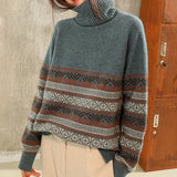 2022 New Autumn Winter High Neck Pullover Cashmere Sweater Women's Jacquard Casual Retro Folk Oversize Knitted Tops