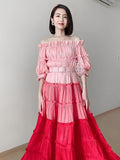 Patchwork Sashes Colorblock Dress For Women Slash Neck Short Sleeve High Waist Midi Dresses 2023 Summer Fashion
