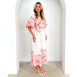 New Spring And Summer Bubble Sleeve V-Neck Women's Slings Print Fairy Gas In The Long Temperament Swing Dress Dress