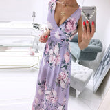 V-Neck Sleeveless Summer Dress Women Chiffon Split Maxi Party Dress Sexy Vintage Floral Print Long Dresses Vestido