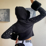 Elegant Autumn Sweater Cardigan Women Long Sleeve Star Embroidery Fur Collar Knitted Cropped Hoodies Harajuku 2021