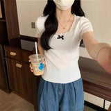New Pure Lust Lace Lace Short Sleeve Slim T-Shirt Thin Bow Design Short
