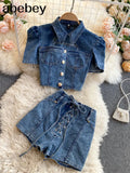 2022 Fashion Runway Summer Skirt Pant Women's Denim Sexy Short Sleeve Crop Top And Shorts 2 Two Piece Set Female