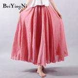 Linen Cotton Vintage Skirt Women Solid Beach Boho Pleated Maxi Skirts Summer Fashion Retro Elastic Waist Saia
