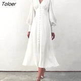 White Single Breasted Elegant Dress For Women Party Robe High Waist Satin Long Dress Chic Midi Dresses Lantern Sleeve
