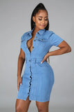 Casual Pockets With Button Open Short Sleeve Jeans Midi