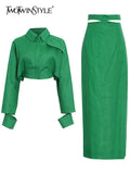 Solid Casual Two Piece Set For Women Lapel Collar Long Sleeve Short Top High Waist Slim Skirt Female 2022