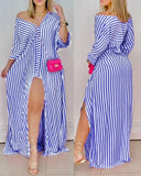 Loose Striped Shirt Dress Women Fashion V-neck Long Sleeve Loose Striped Print Slit Maxi Dress for