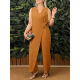 Summer New Women's Pure Color Loose Casual Strap Cotton Linen Jumpsuit V