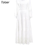 Lace Elegant Women's Dress Spring Hollow Button V Neck Lantern Sleeve White Long Dresses Boho Casual Holiday