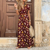 Boho Long Dress Women Beach Floral Print Belted Maxi Dress Casual V-Neck Party Holiday Sundress Ladies Dress Plus Size