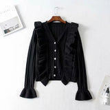 vintage french women's white sweaters black flare sleeve single breasted cardigans with ruffles v neck autumn