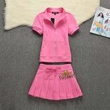 Women Two Piece Set Crop Top Stand Collar Short Sleeve Mini Skirt Cute Streetwear Matching Summer Sports Suit
