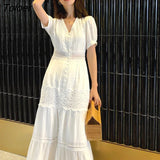 Lace Elegant Women's Dress Spring Hollow Button V Neck Lantern Sleeve White Long Dresses Boho Casual Holiday