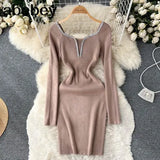 Slim Bodycon Knitted Dress Temperamant Long Sleeve bodycon Sweater Dress Square Collar Women Winter Short