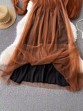 Lantern Sleeve Style Square Collar Net Dress Femininity Tea Break Skirt Warm And Long Fairy Skirt-Outfit
