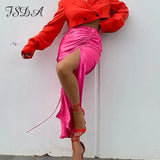 Autumn Winter 2021 Satin Skirt Bodycon Women Ruched Split Elegant Party Green Midi High Waist Sexy Skirts