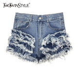 Patchwork Tassel Denim Shorts For Women High Waist Casual Sexy Shorts Female Fashionable New Clothing 2021