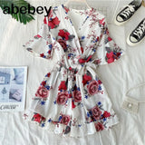 Ruffled Women Playsuits Elastic High Waist Bow Female Jumpsuit Romper Butterfly Sleeve Short Overalls for