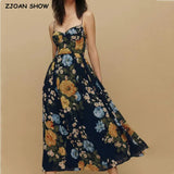 French Style Navy Blue Flower Print Bandage Spaghetti Strap Midi Long Dress Sexy Women Bow Lacing Up Sling Vestido-Outfit