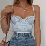 Top Ladies Blue Floral Patchwork Lace Backless Sleeveless Cropped Bralette Bra Tops For Women Fashion New Summer