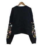 Boho Floral Embroidery Knitted Pullovers Sweater Women Casual Long Sleeve O-neck Spring Jumper Female Loose
