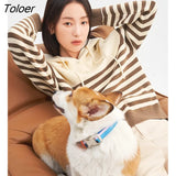 Women Hooded Sweater 2022 Winter Long Sleeve Neckline with Button Loose Knitted Pullover Stripe Stretch Casual Chic