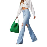 Spring And Summer New Water Washing Hole High-Waisted Temperament Cowboy Broad Leg Trousers