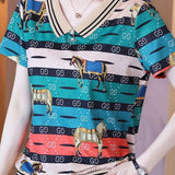 for Women 2023 Printed Short Sleeve Summer New V-neck Striped Fashion Tees Pullover Casual Elegant Tops-Outfit