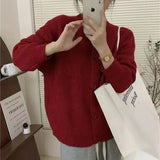 Collar Solid Color Knitted Button Cardigan Women's Long Sleeved Autumn New Style Loose Lazy Casual Sweater Jacket-Outfit