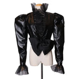 Patchwork Mesh PU Leather Women's Jackets V Neck Puff Long Sleeve High Waist Slim Bow Coat Female 2020 Fashion