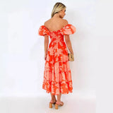 Summer Women's Uniform Collar Chiffon Bubble Sleeve Layered Print