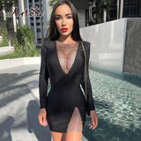 Dress Hot Sexy Patchwork V-Neck Long Sleeve Mini Dress Women Bodycon Slim Robe Side Split Elegant Autumn