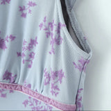 Sexy Light Blue Flocking Flower Bow Binding Deep V neck Mesh Mini Dress Woman Short Sleeve Package Hips Party Robe Bodycon-Outfit