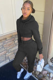 Casual Plain Long Sleeve Crop Hoodie And Sweatpants Two Piece