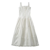 Ruched Chest Corset Style Sling Dress Low Waist Spliced Folded Swing Long Midi Women Elastic Strap Sleeveless Robe White-Outfit